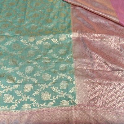 Sea Green Pink Contrast Munga Silk Banarasi Saree