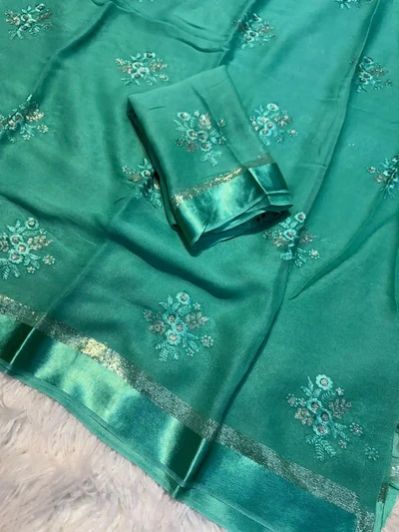 Sea Green Premium Viscose Georgette Embroidered Saree