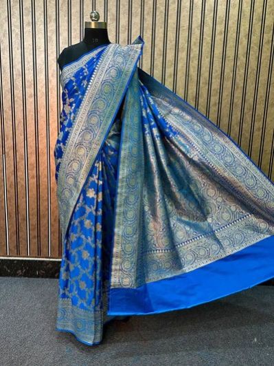 Sky Blue Satin Katan Silk Bridal Floral Banarasi Saree