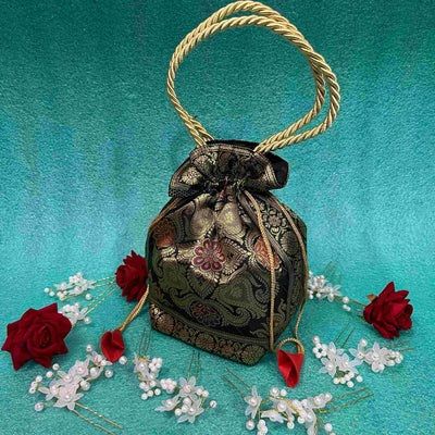 Stunning Black Colour Banarasi Potli Bags