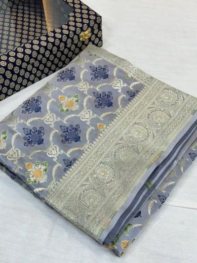 Subtle Grey Mashru Silk Banarasi Saree
