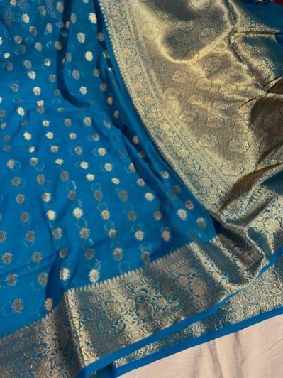 Teal Blue Khaddi Chiffon Buti Banarasi Saree