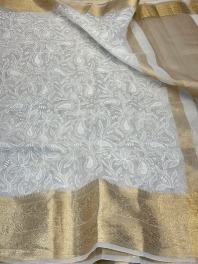 White Organza Banarasi Chikankari Saree