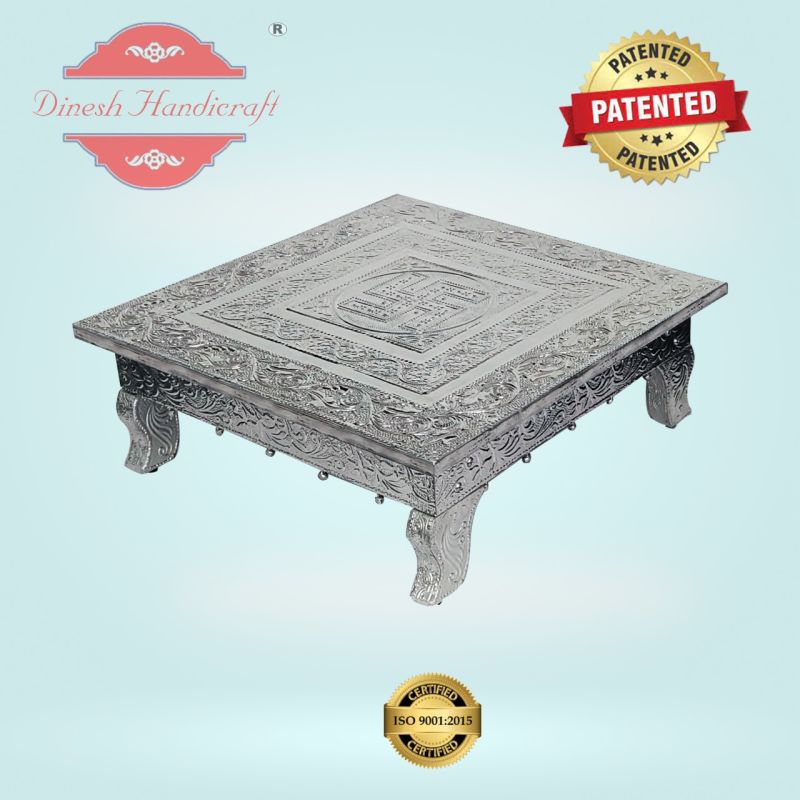 Aluminium Metal Coated Wooden Pooja Chowki with Swastik Design