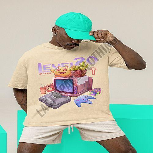 Mens Beige Premium Quality Super Gaming Print Oversized T-Shirt