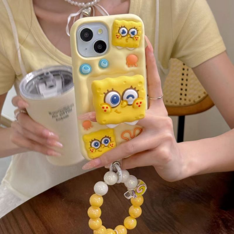 Spongebob Stand Silicone Soft iPhone 15 Pro Phone Case with Bracelet