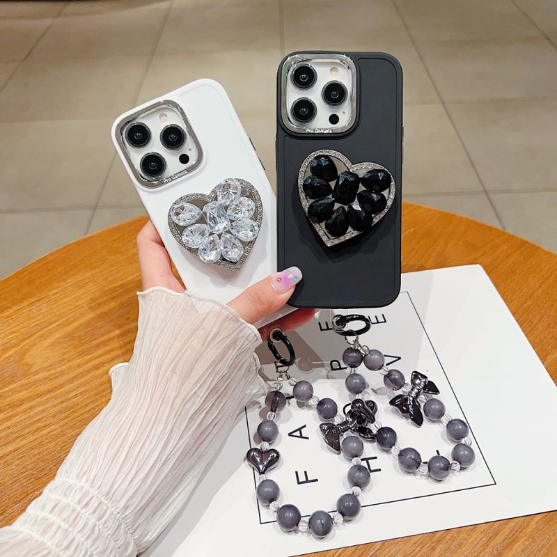Stone Heart Shape Stand Silicone Soft iPhone 15 Phone Case with Bracelet