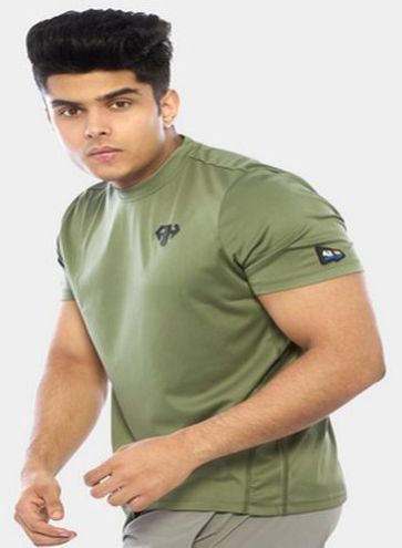Plain Polyester Mens Tactical Green Round Neck T-Shirts