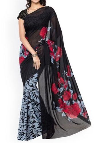 Women Black & Grey Georgette Floral Print Saree