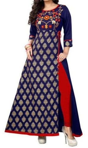Women Blue Rayon Front Slit Kurti