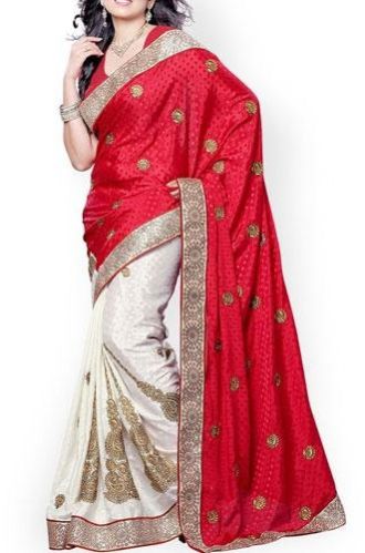 Women Red & White Embroidered Jacquard Fashion Saree