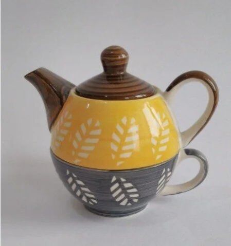Ceramic Grey Soup Mug with Yellow Kettle