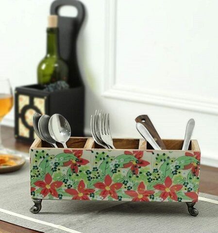 Wooden Floral Cutlery Stand