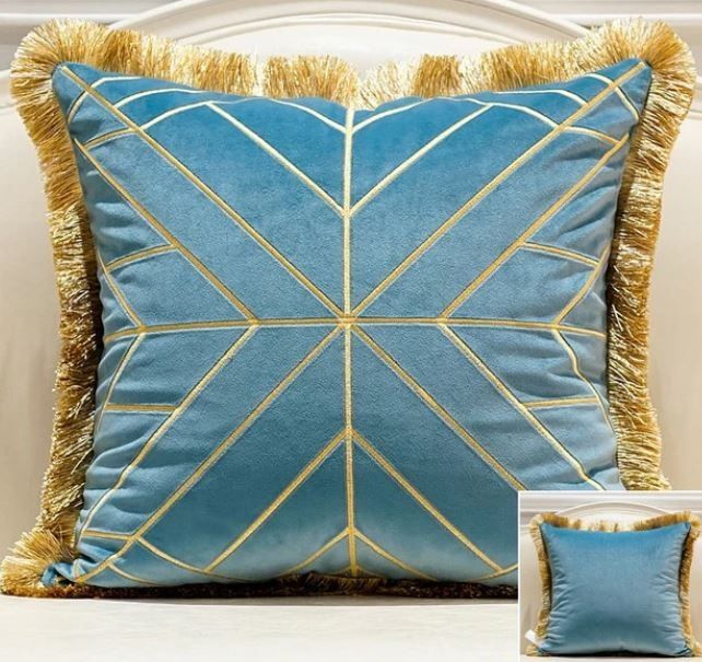 Aqua Blue Gold Geometric Fringe Luxury Cushion Cover