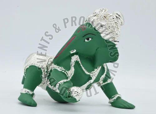 3 Inch Green and Silver Resin Ganesh Statue