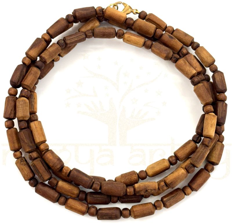 Handmade, Natural Tiny 4mm Round &AMP; Tube Shaped Original Tulsi Wood Hand-Carved Smooth Beads Three Line Kanthi Mala/necklace