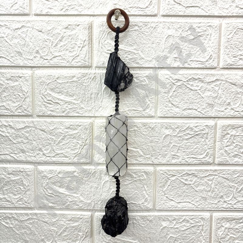 Hand-Knotted Wall Hanging with Black Tourmaline & Selenite - Handmade