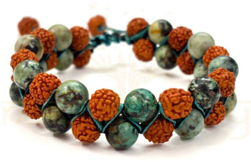 Handmade 8mm Rudraksha Beads with African Turquoise Double Line Macrame Healing Bracelet