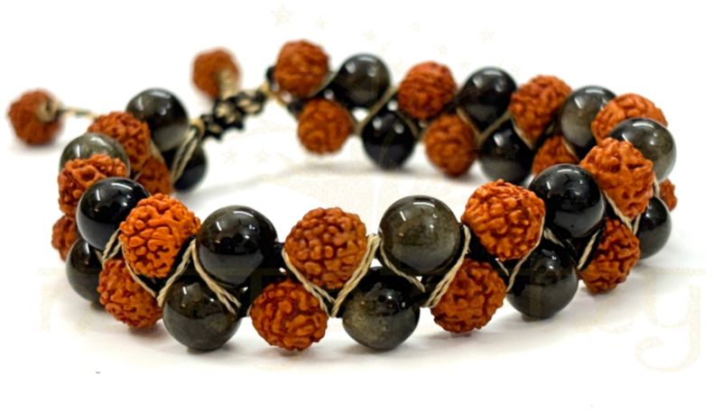 Handmade Natural 8mm Mix Faces Rudraksha Beads with Golden Obsidian Double Line Rudraksha Bracelet
