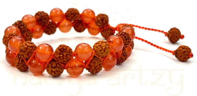 Handmade Natural 8mm Mix Faces Rudraksha Beads with Carnelian Double Line Rudraksha Bracelet
