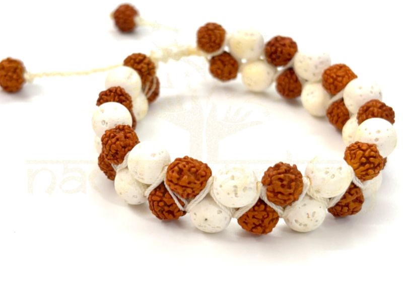 Handmade Natural 8mm Mix Faces Rudraksha Beads with White Lava Double Line Macrame Healing Bracelet