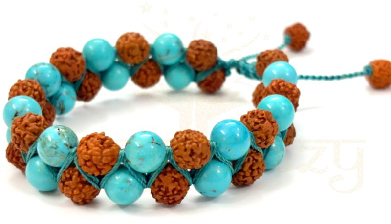 Handmade Natural 8mm Mix Faces Rudraksha Beads with Vintage Turquoise Double Line Bracelet