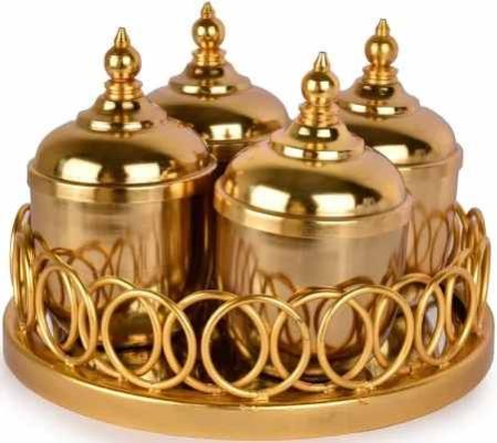 Golden Brass Jars with Mirror Tray
