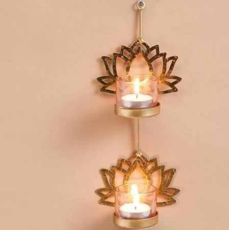 Metal Lotus Hanging Tea Light Holder Set, Color : Golden for Decoration
