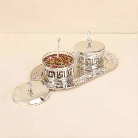 Silver Metal Dry Fruit Tray Jar Set