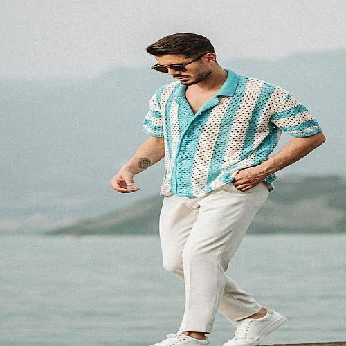 Mens Half Sleeve Crochet Knitted Shirt