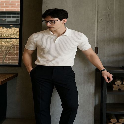 Mens White Striped Cotton Polo T-Shirt