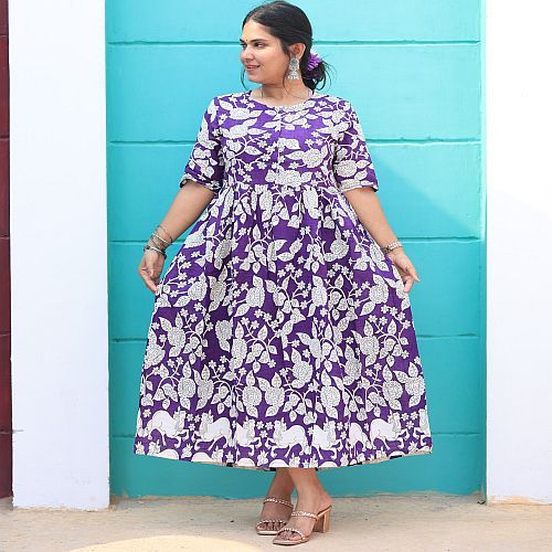 Ladies Purple Leaves Printed Long Rayon Kurti