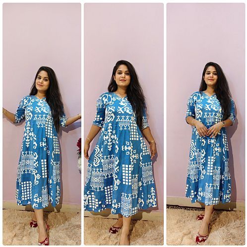 Ladies Sky Blue Rayon Printed Frock Kurti