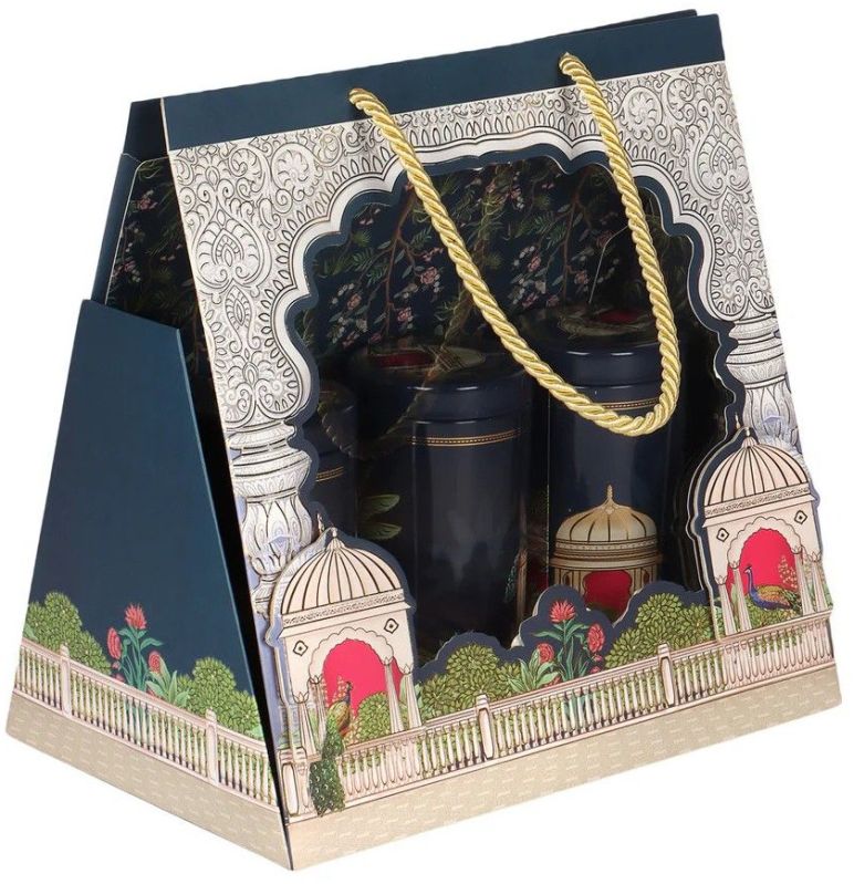 Blue Paper Hamper Bag with 3 Printed Tins