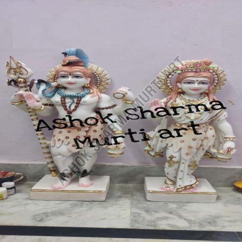 White Painted Marble Standing Shiv Parvati Statue