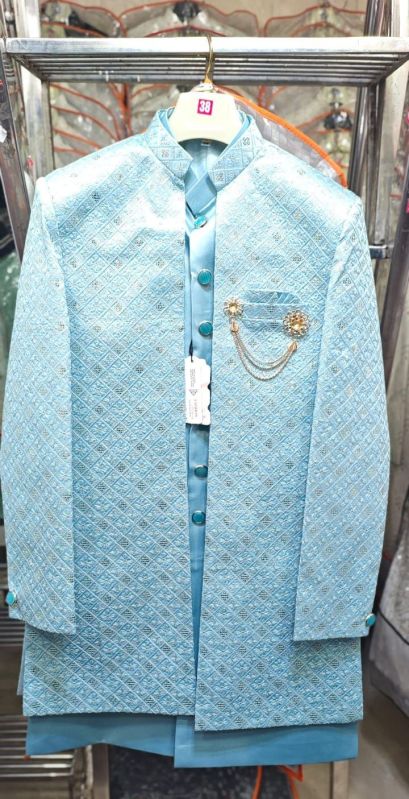 Mens Sky Blue Indo Western Sherwani Set