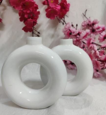 Pack OF 2 White Ceramic Donut Flower Vases Combo Set