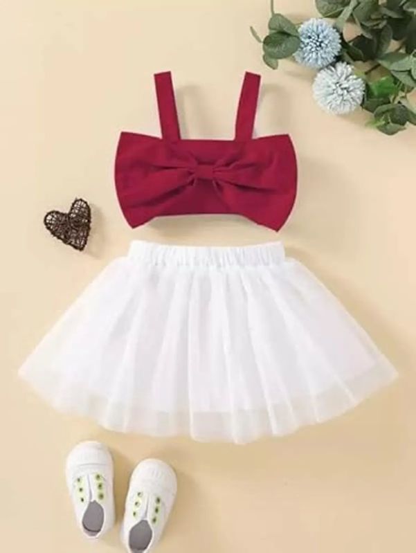 Baby Girls Maroon Cotton Blend Solid Top & Skirt Set
