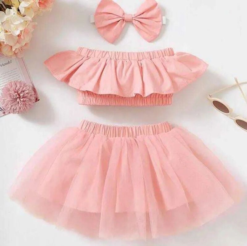 Girls Pink Cotton Blend Solid Top & Skirt Set