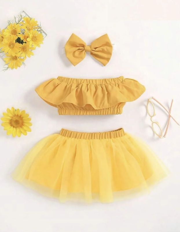 Girls Yellow Cotton Blend Solid Top & Skirt Set