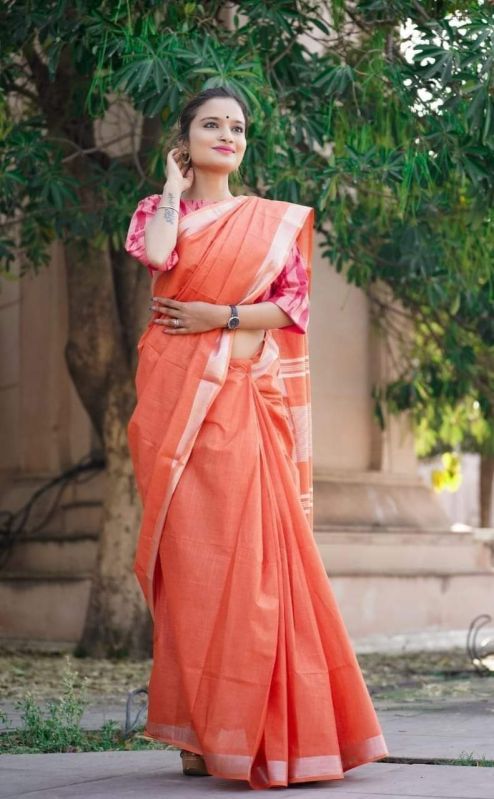 Cotton Slub Saree with Silver Zari Border