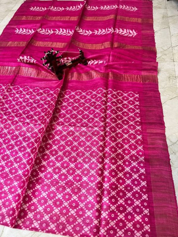Printed Pure Tussar Ghicha Saree with Elegant Zari Border