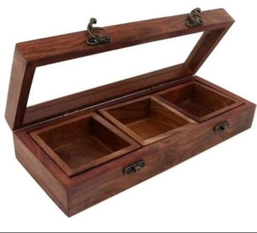 Brown 3 Compartment Sheesham Wooden Spice Box