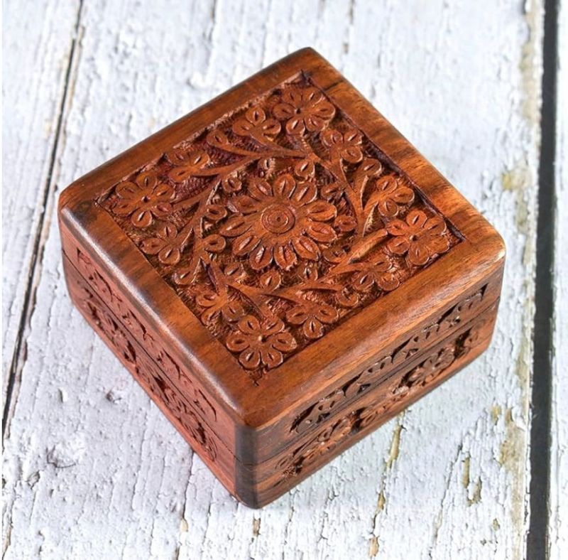 Brown Sheesham Wood Hand Carved Wooden Box