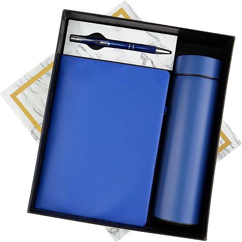 Blue Temperature Bottle Notebook And Metal Pen Corporate Gift Set