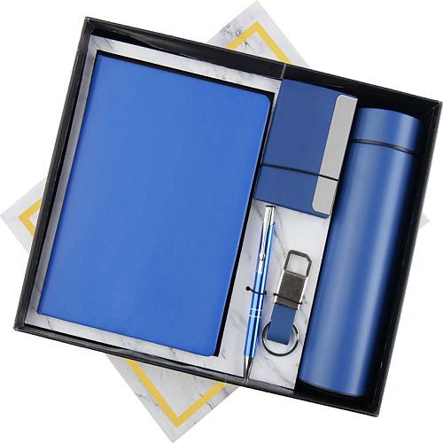 Metal 5 In 1 Blue Notebook Pen Key Chain Card Holder And Bottle Corporate Gift Set
