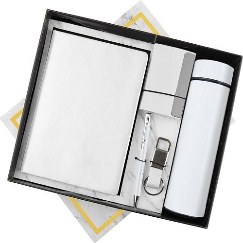 Metal 5 In 1 White Notebook Pen Key Chain Card Holder And Bottle Corporate Gift Set