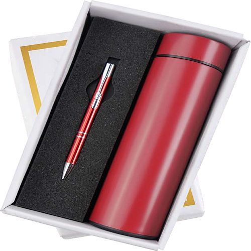 Red Metal Pen And Temperature Bottle Corporate Gift Set