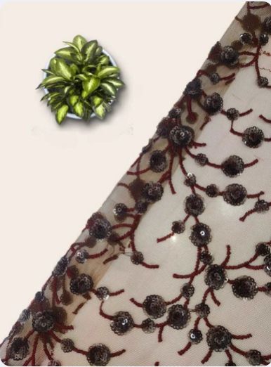 Coffee Brown Colour Thread Work and Floral Jaal Allover on Net Fabric