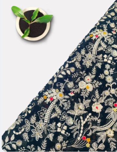 Multi Colour Floral Jaal Lucknowi Thread Work Georgette Fabric